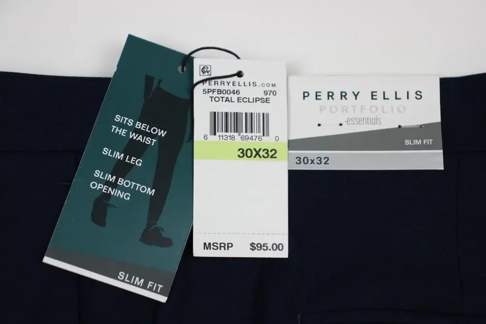 Perry Ellis Portfolio Essentials Pants Mens 30x32 Navy Slim Fit Stretch Non Iron